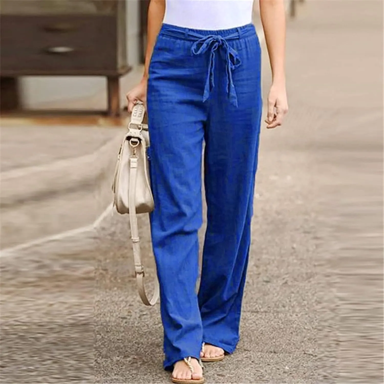 BZGTZT Women Plus Size Linen Drawstring High Waist Pants Summer Light Weight Casual Loose Fit Wide Leg Trousers with Pocket