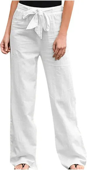 BZGTZT Women Plus Size Linen Drawstring High Waist Pants Summer Light Weight Casual Loose Fit Wide Leg Trousers with Pocket
