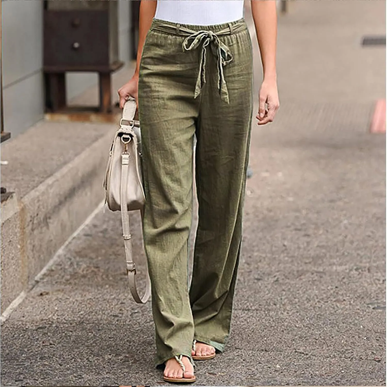 BZGTZT Women Plus Size Linen Drawstring High Waist Pants Summer Light Weight Casual Loose Fit Wide Leg Trousers with Pocket