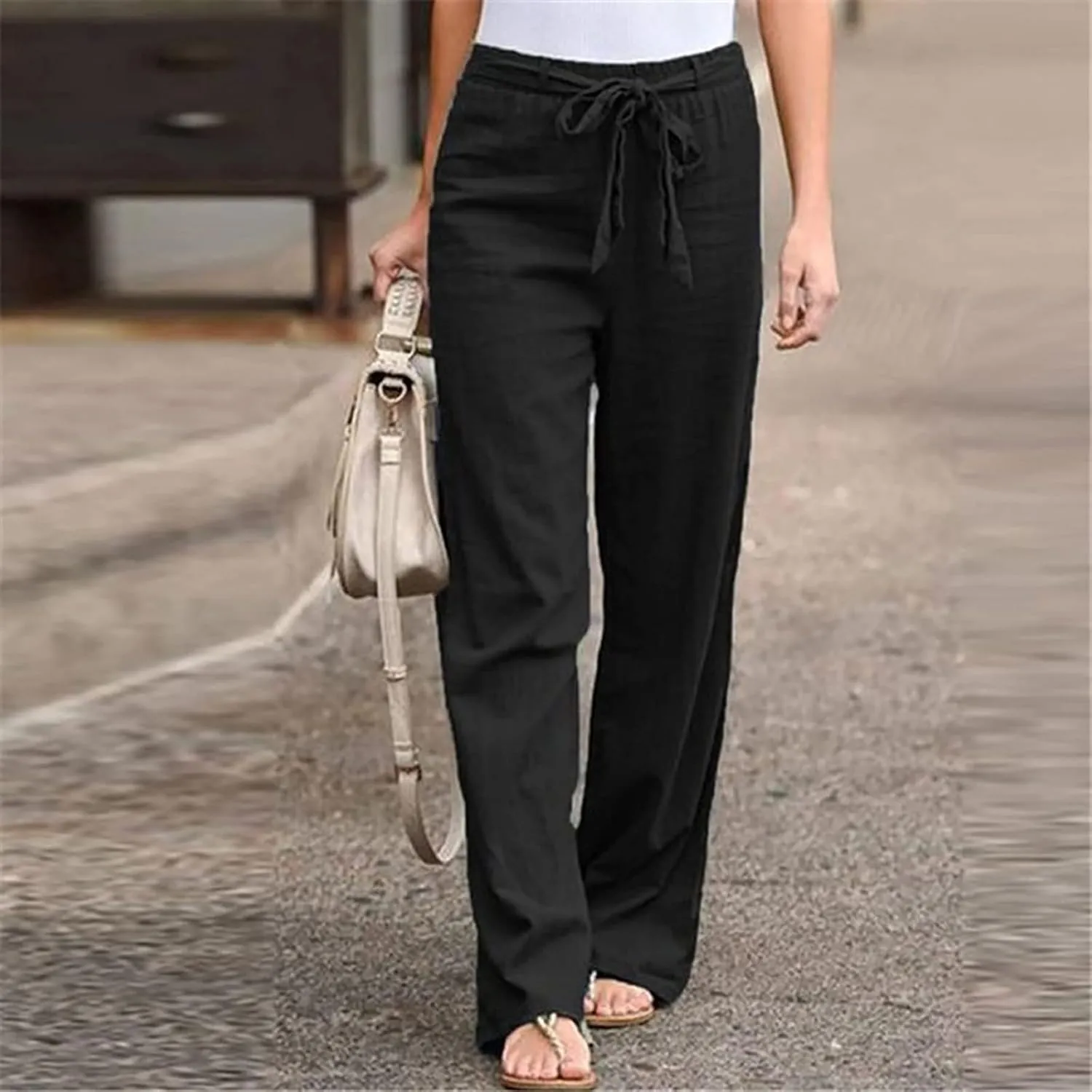 BZGTZT Women Plus Size Linen Drawstring High Waist Pants Summer Light Weight Casual Loose Fit Wide Leg Trousers with Pocket