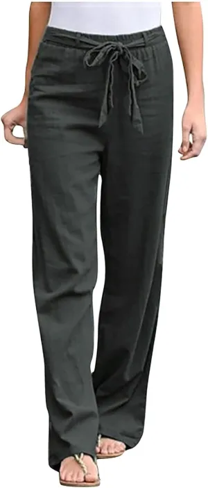 BZGTZT Women Plus Size Linen Drawstring High Waist Pants Summer Light Weight Casual Loose Fit Wide Leg Trousers with Pocket