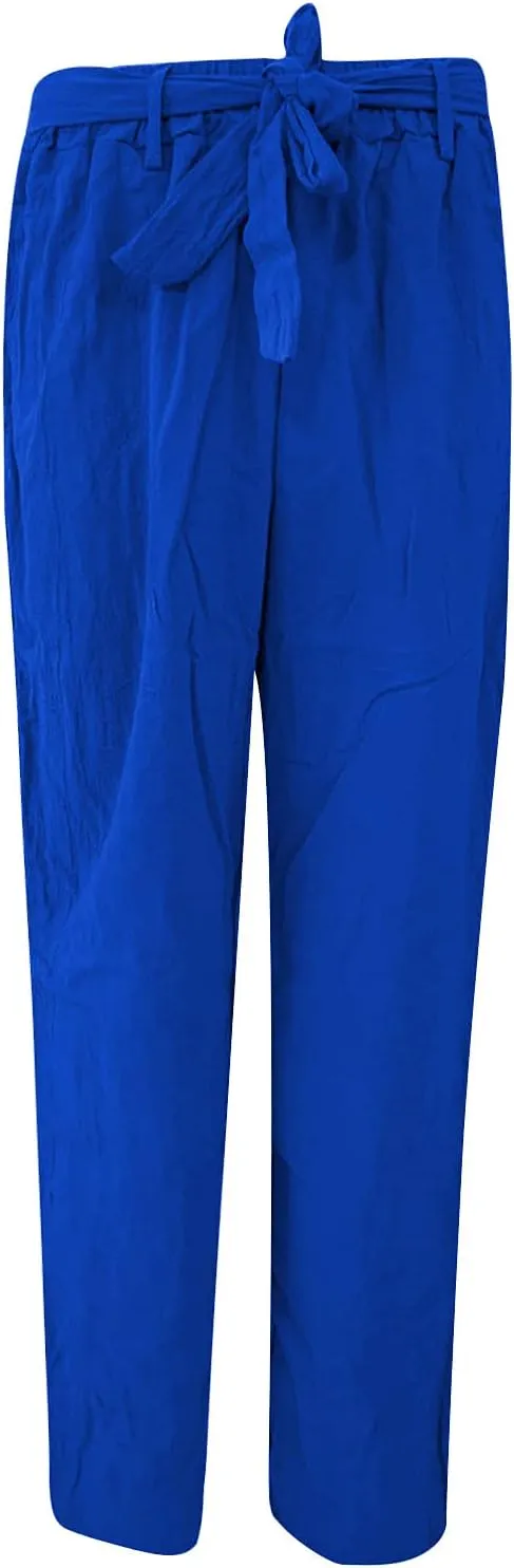 BZGTZT Women Plus Size Linen Drawstring High Waist Pants Summer Light Weight Casual Loose Fit Wide Leg Trousers with Pocket