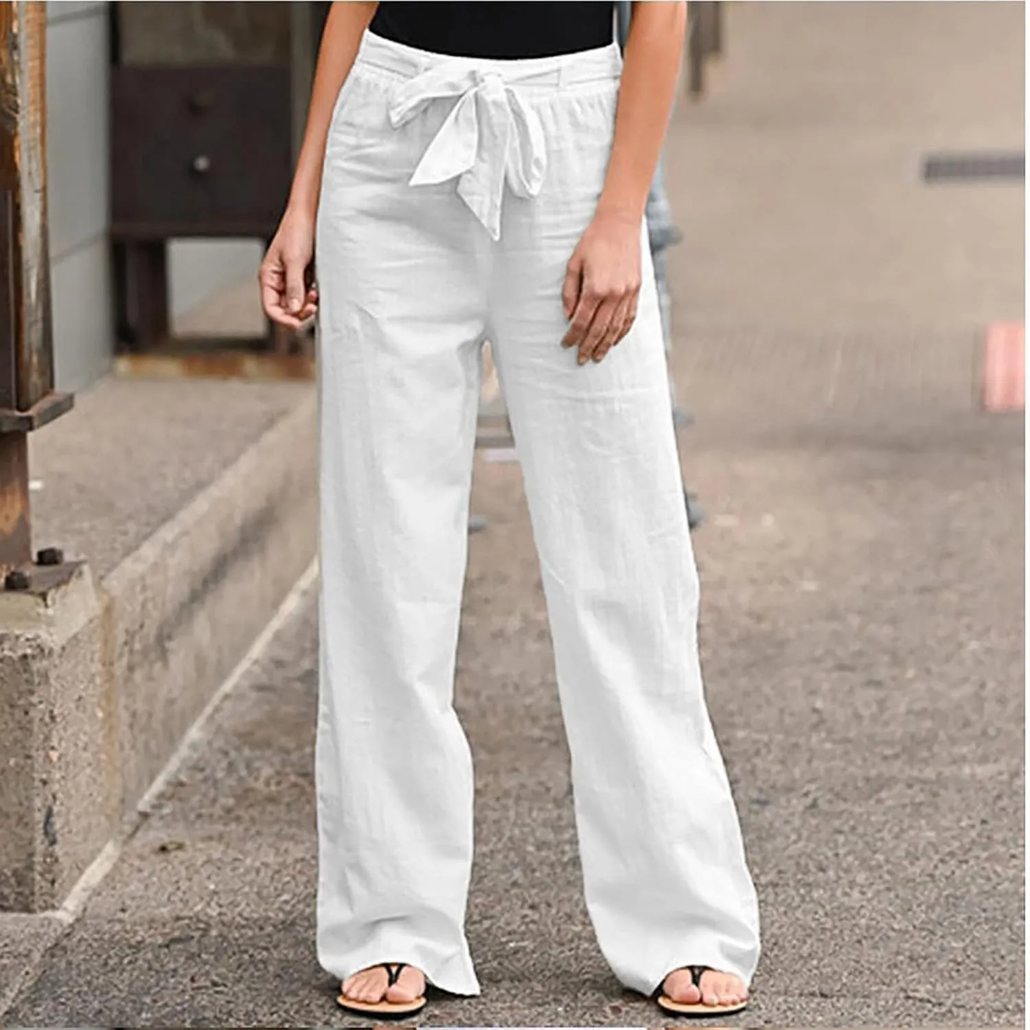 BZGTZT Women Plus Size Linen Drawstring High Waist Pants Summer Light Weight Casual Loose Fit Wide Leg Trousers with Pocket