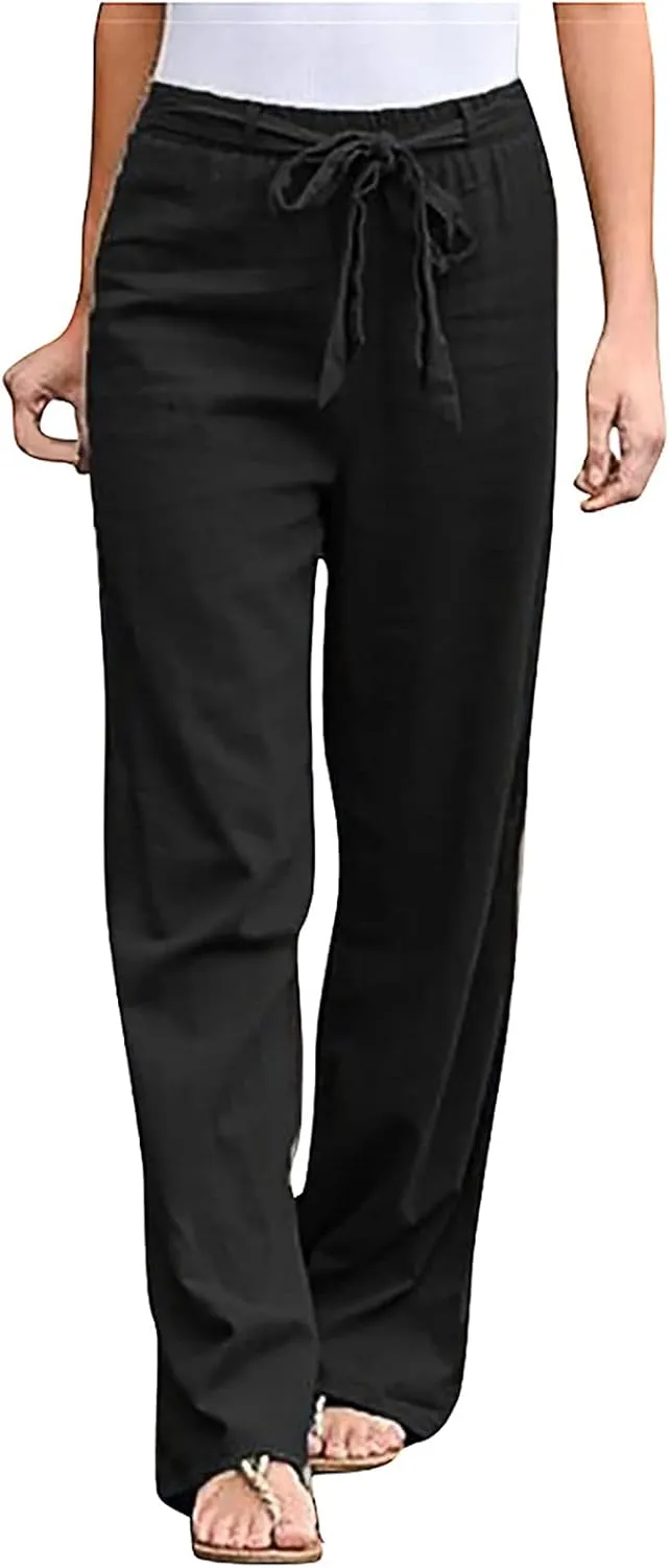 BZGTZT Women Plus Size Linen Drawstring High Waist Pants Summer Light Weight Casual Loose Fit Wide Leg Trousers with Pocket