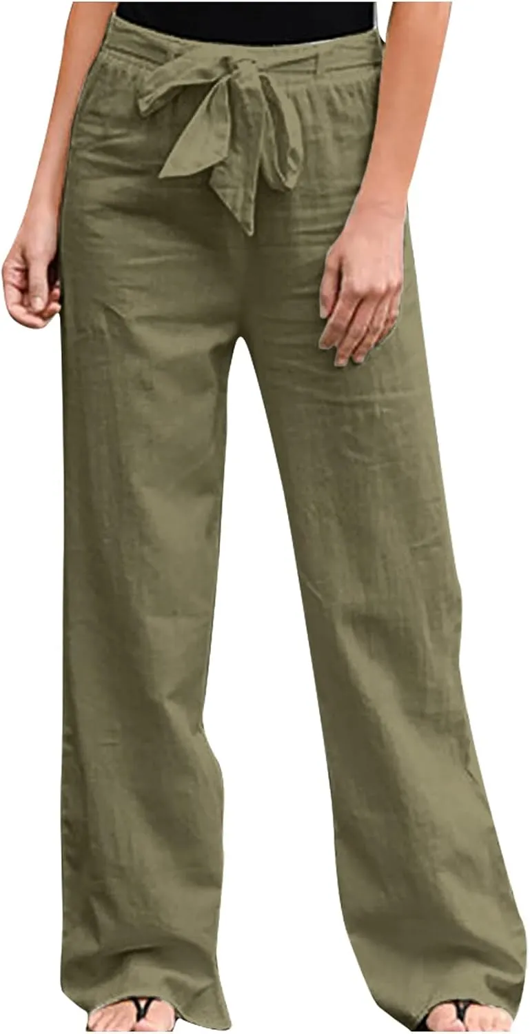 BZGTZT Women Plus Size Linen Drawstring High Waist Pants Summer Light Weight Casual Loose Fit Wide Leg Trousers with Pocket