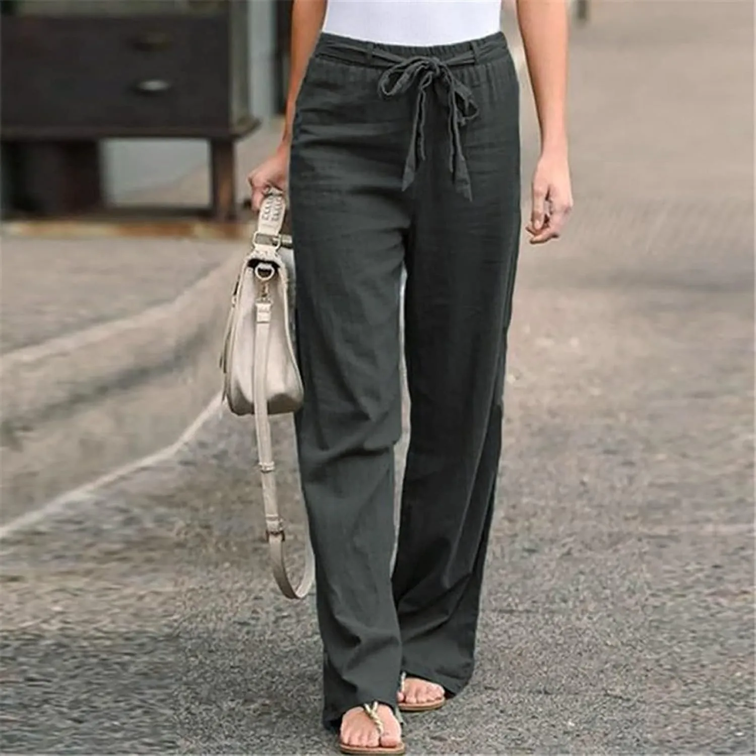 BZGTZT Women Plus Size Linen Drawstring High Waist Pants Summer Light Weight Casual Loose Fit Wide Leg Trousers with Pocket
