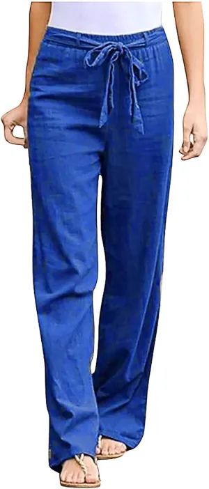 BZGTZT Women Plus Size Linen Drawstring High Waist Pants Summer Light Weight Casual Loose Fit Wide Leg Trousers with Pocket