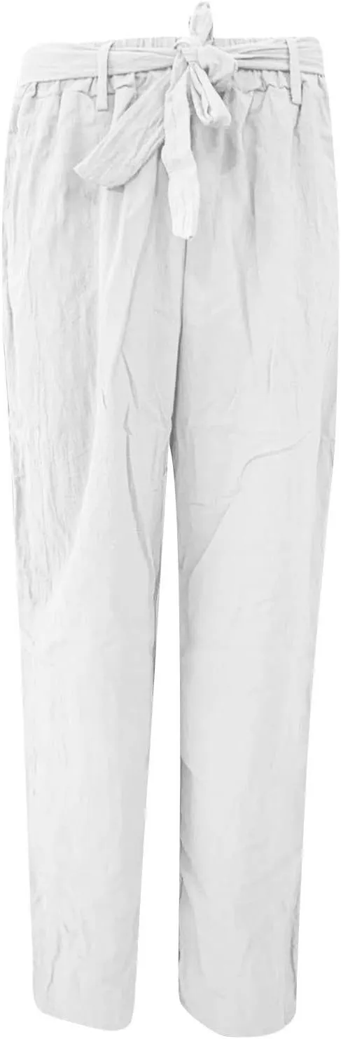 BZGTZT Women Plus Size Linen Drawstring High Waist Pants Summer Light Weight Casual Loose Fit Wide Leg Trousers with Pocket