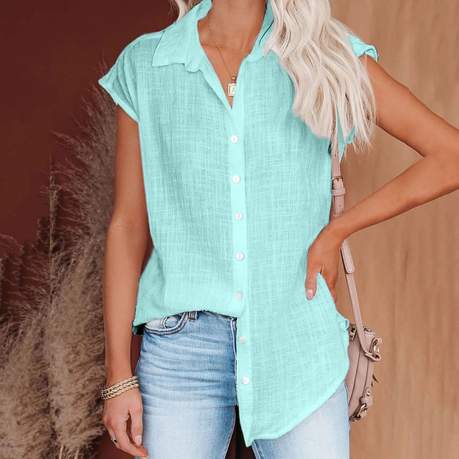 Ceboyel Shirts for Women Trendy Summer Cotton Linen Short Sleeve Tops Collared Button Down Causal Blouse Laides Clothing 2023