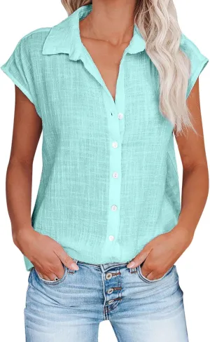 Ceboyel Shirts for Women Trendy Summer Cotton Linen Short Sleeve Tops Collared Button Down Causal Blouse Laides Clothing 2023