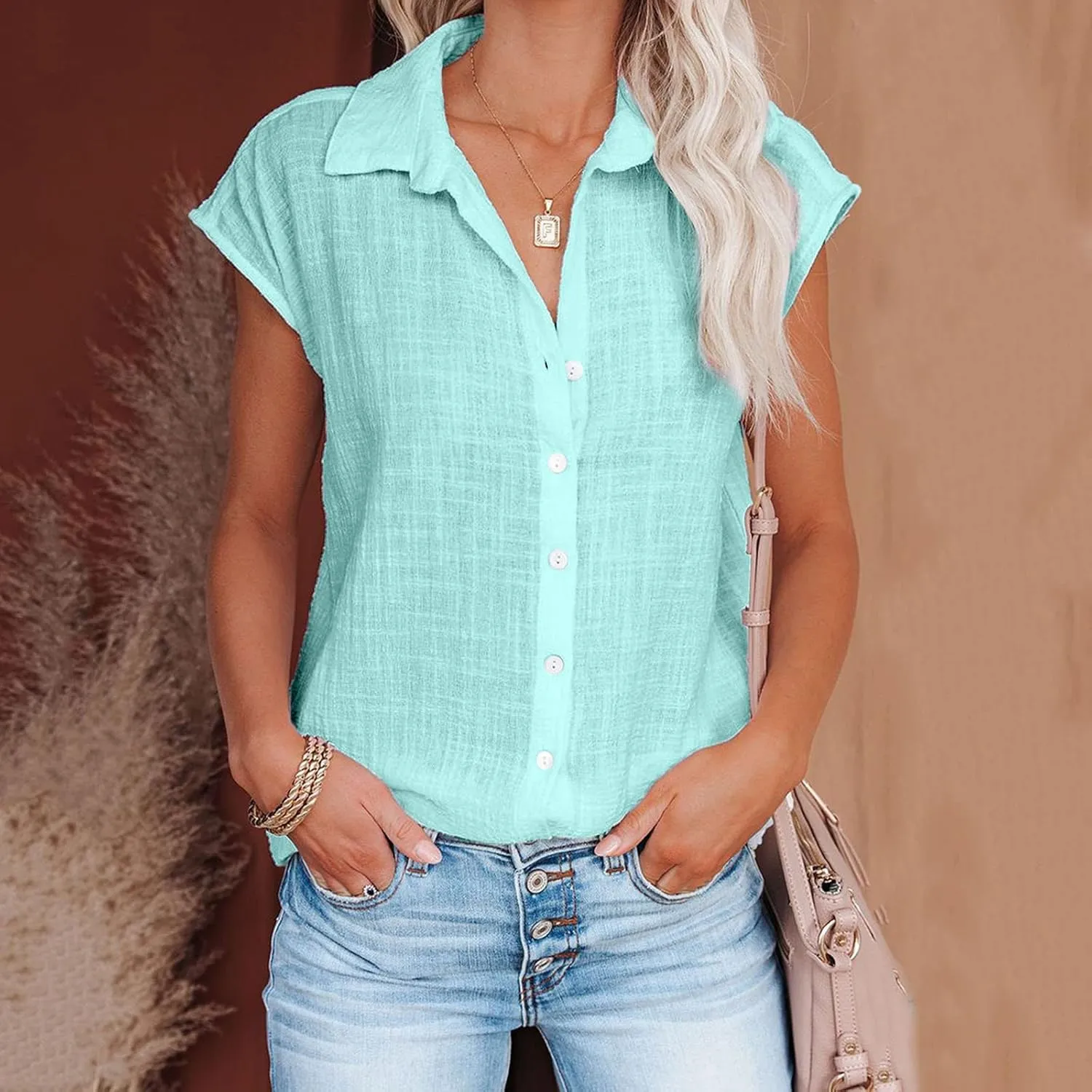 Ceboyel Shirts for Women Trendy Summer Cotton Linen Short Sleeve Tops Collared Button Down Causal Blouse Laides Clothing 2023