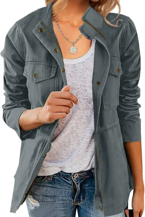 Chang Yun Jackets For Women Military Safari Utility Anorak Zip Up Snap Buttons Lightweight Drawstring Coat with Pockets