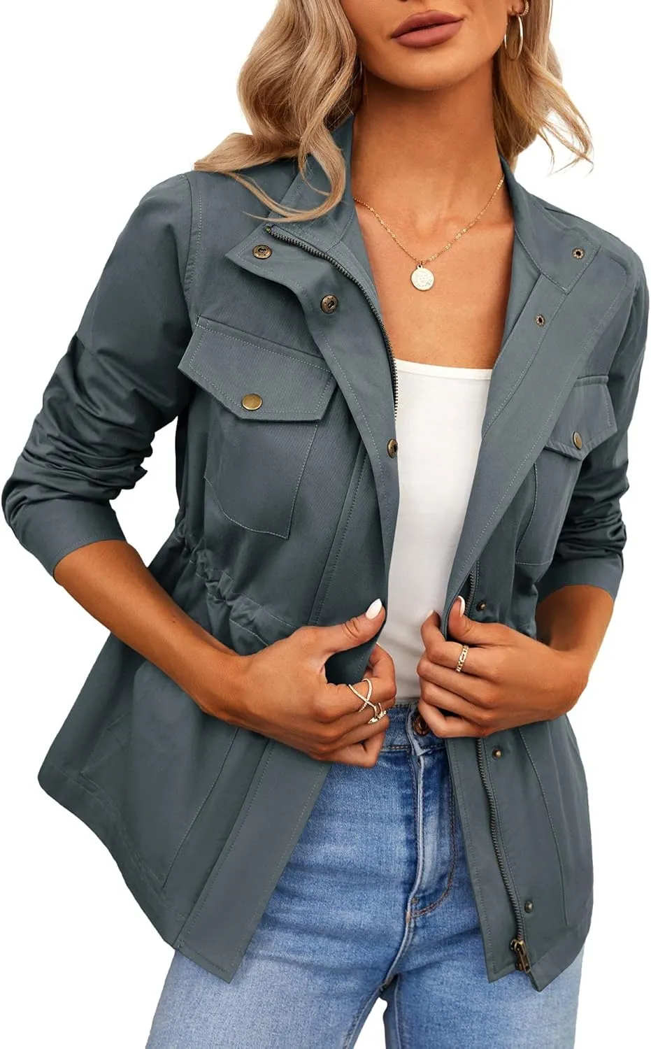 Chang Yun Jackets For Women Military Safari Utility Anorak Zip Up Snap Buttons Lightweight Drawstring Coat with Pockets