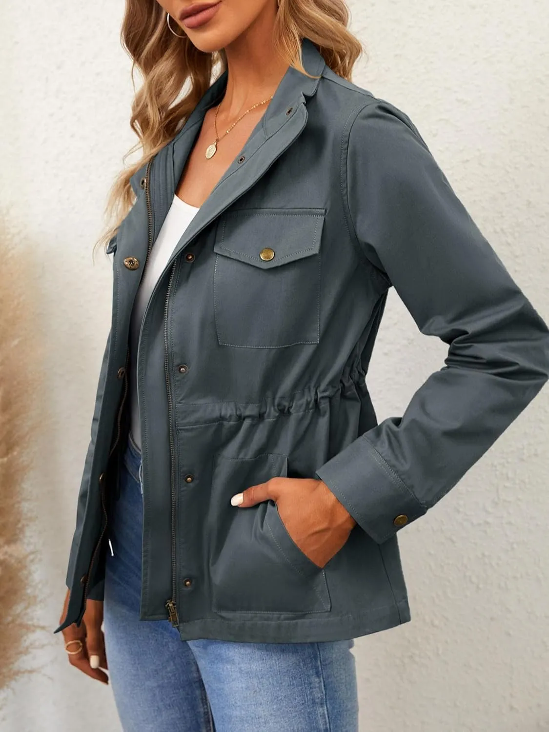 Chang Yun Jackets For Women Military Safari Utility Anorak Zip Up Snap Buttons Lightweight Drawstring Coat with Pockets