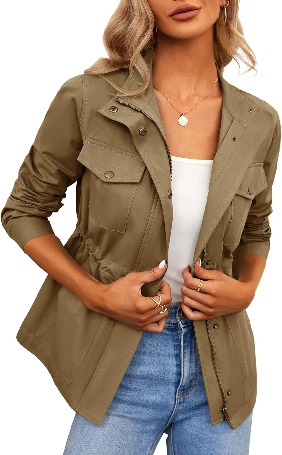 Chang Yun Jackets For Women Military Safari Utility Anorak Zip Up Snap Buttons Lightweight Drawstring Coat with Pockets