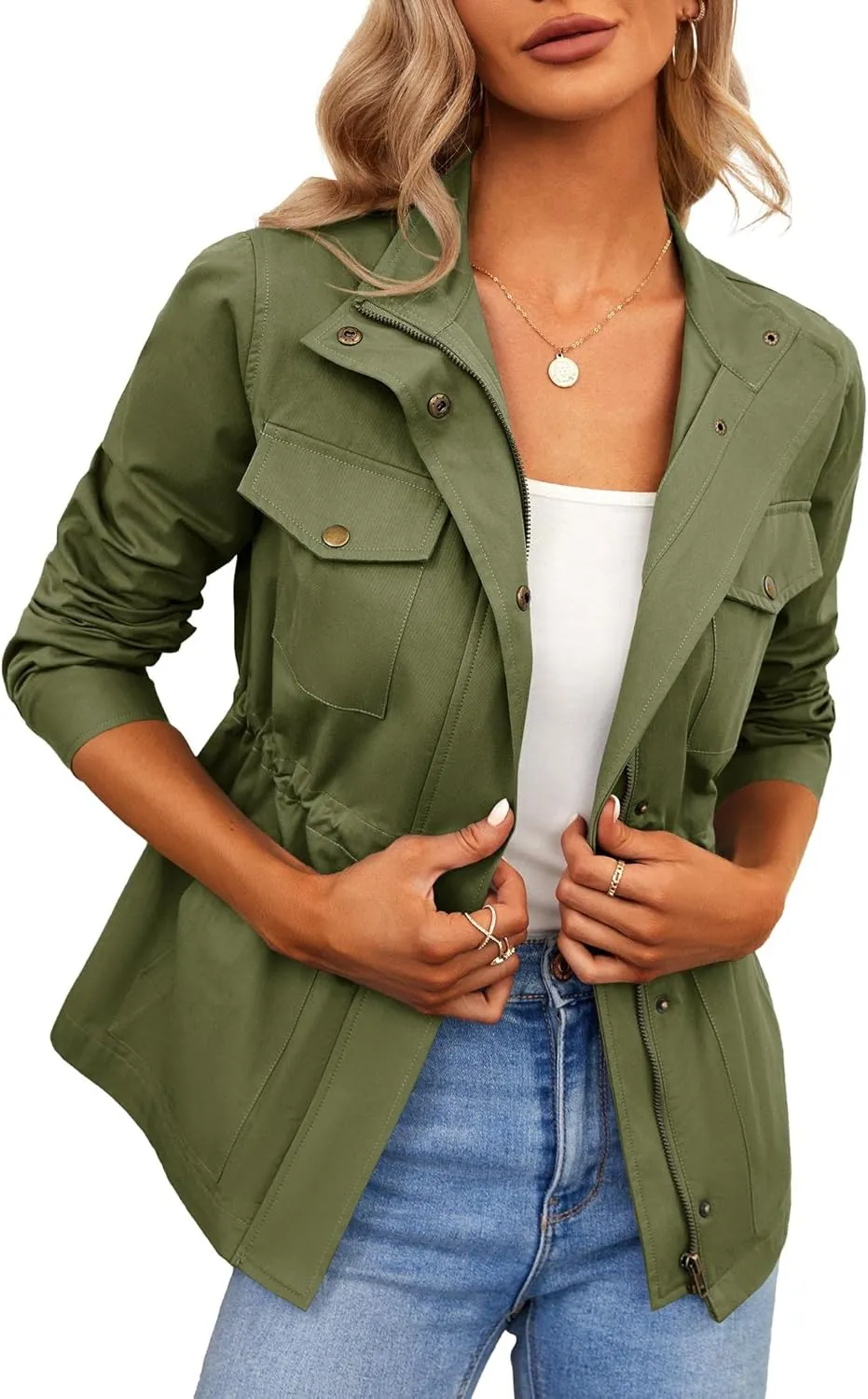 Chang Yun Jackets For Women Military Safari Utility Anorak Zip Up Snap Buttons Lightweight Drawstring Coat with Pockets