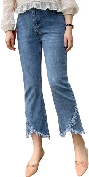 CHARTOU Women Cute Stretch Denim Jeans Ripped Distressed Frayed Hem Denim Pants Tassel Fringe Cropped Jeans