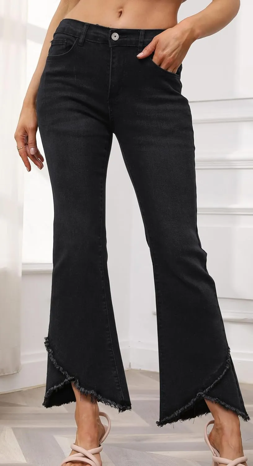 CHARTOU Women Cute Stretch Denim Jeans Ripped Distressed Frayed Hem Denim Pants Tassel Fringe Cropped Jeans