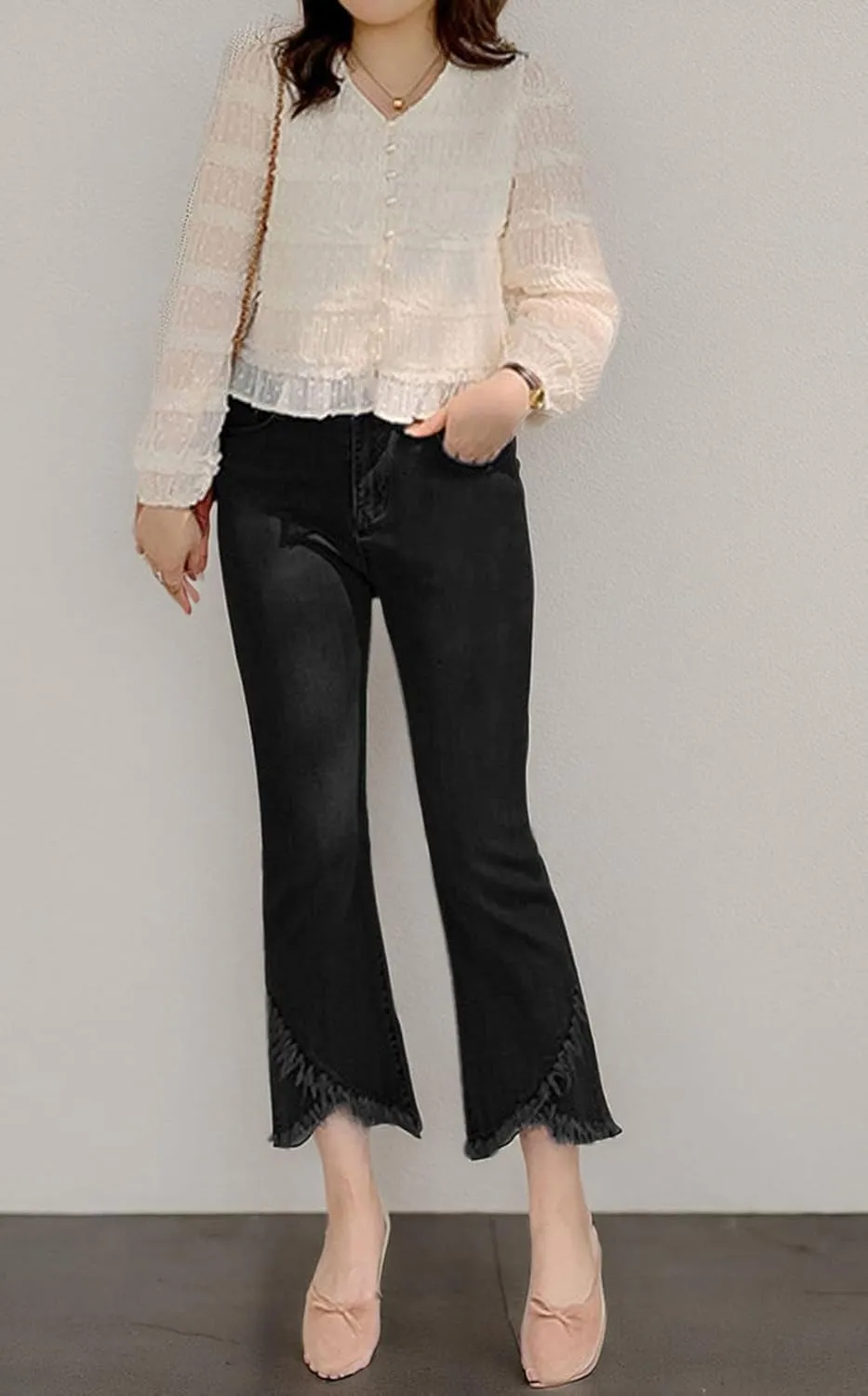 CHARTOU Women Cute Stretch Denim Jeans Ripped Distressed Frayed Hem Denim Pants Tassel Fringe Cropped Jeans