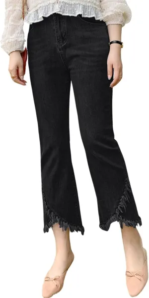 CHARTOU Women Cute Stretch Denim Jeans Ripped Distressed Frayed Hem Denim Pants Tassel Fringe Cropped Jeans