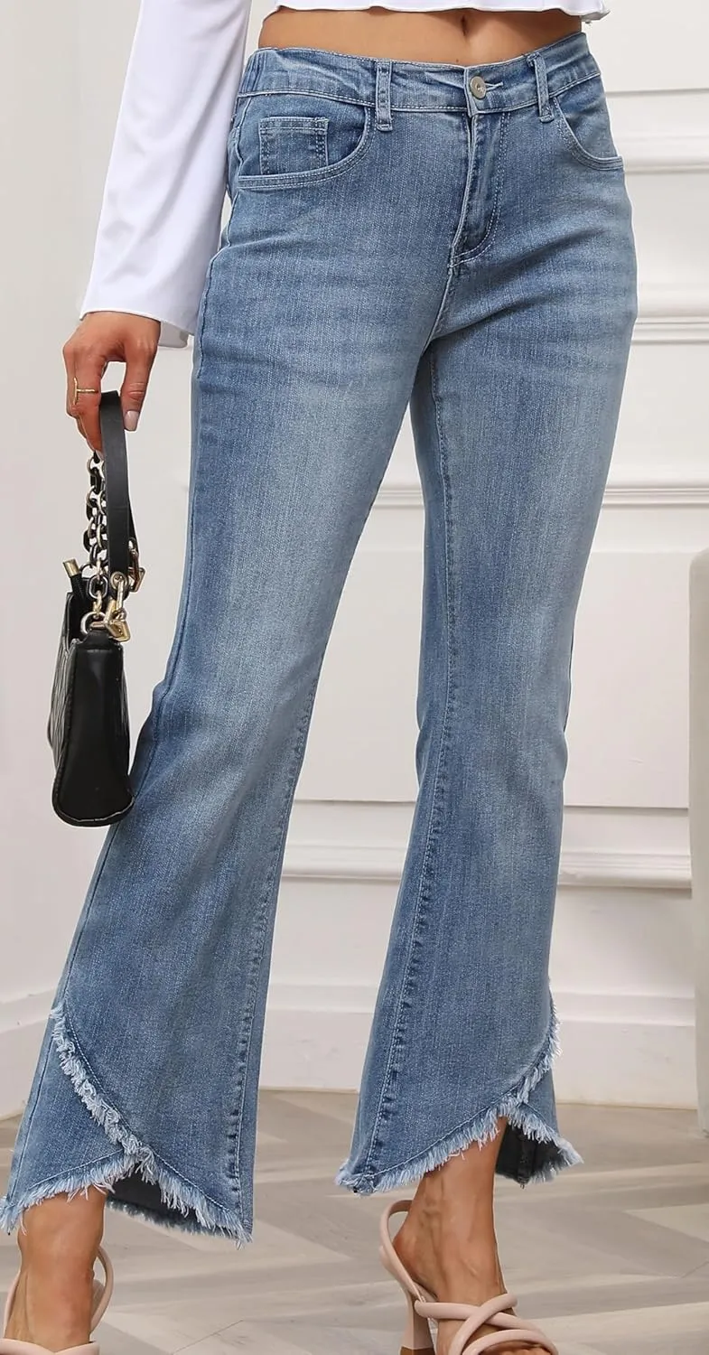 CHARTOU Women Cute Stretch Denim Jeans Ripped Distressed Frayed Hem Denim Pants Tassel Fringe Cropped Jeans