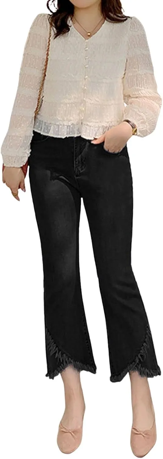 CHARTOU Women Cute Stretch Denim Jeans Ripped Distressed Frayed Hem Denim Pants Tassel Fringe Cropped Jeans