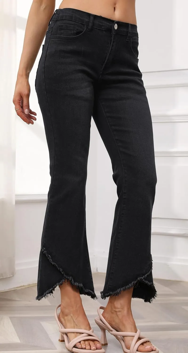 CHARTOU Women Cute Stretch Denim Jeans Ripped Distressed Frayed Hem Denim Pants Tassel Fringe Cropped Jeans