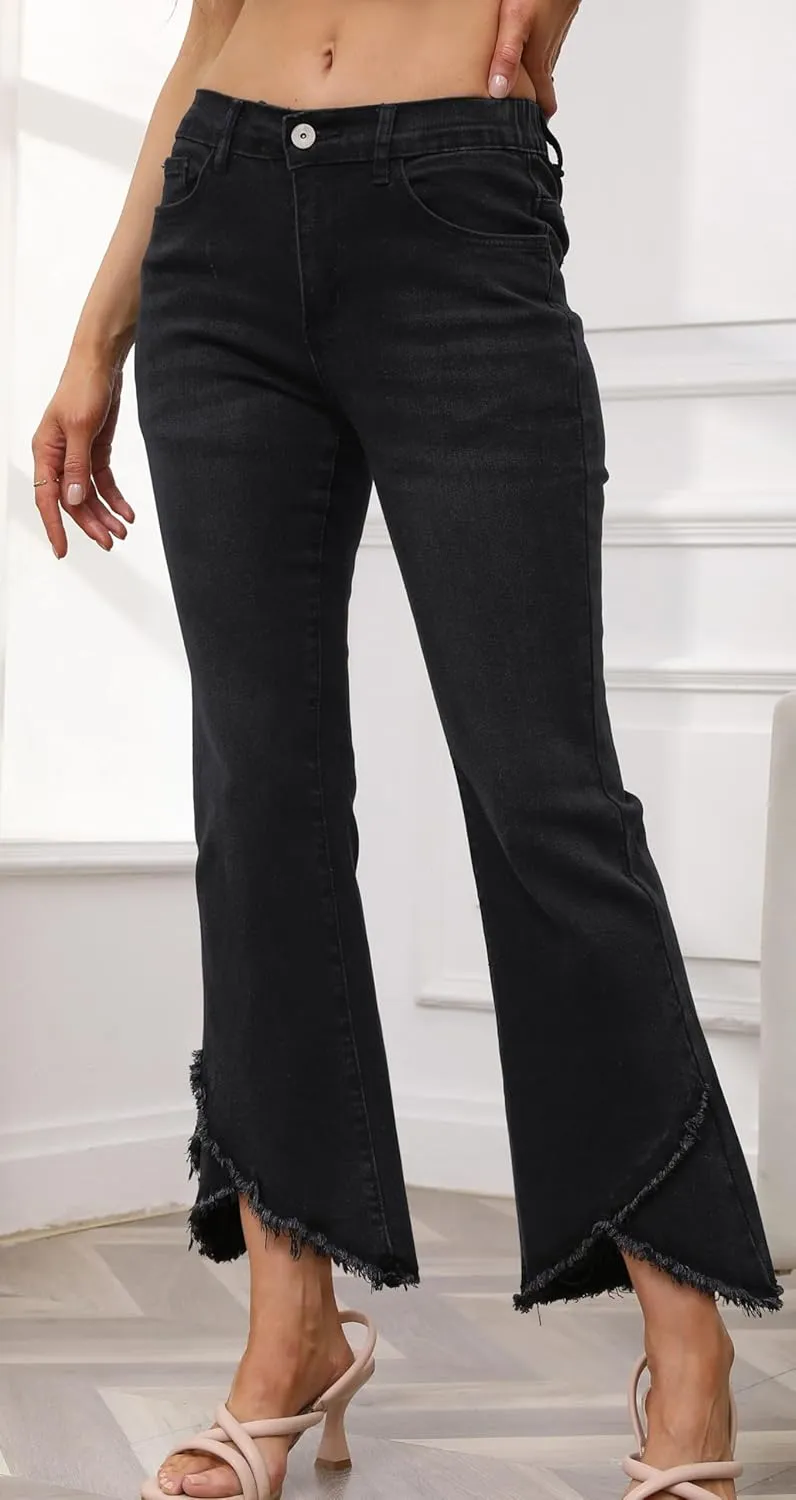 CHARTOU Women Cute Stretch Denim Jeans Ripped Distressed Frayed Hem Denim Pants Tassel Fringe Cropped Jeans