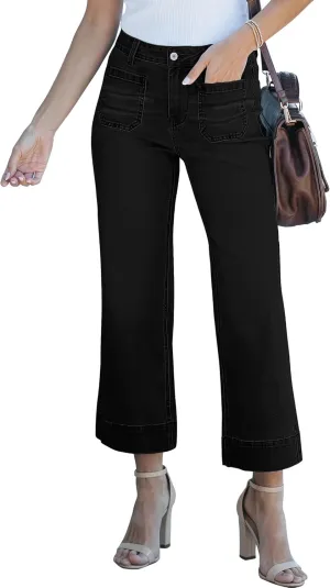 cordat Wide Leg Jeans for Women Mid Waisted Straight Leg Stretchy Cropped Denim Pants with Patch Pockets Jeans