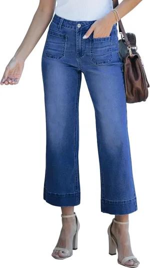 cordat Wide Leg Jeans for Women Mid Waisted Straight Leg Stretchy Cropped Denim Pants with Patch Pockets Jeans