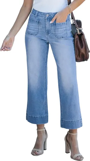 cordat Wide Leg Jeans for Women Mid Waisted Straight Leg Stretchy Cropped Denim Pants with Patch Pockets Jeans
