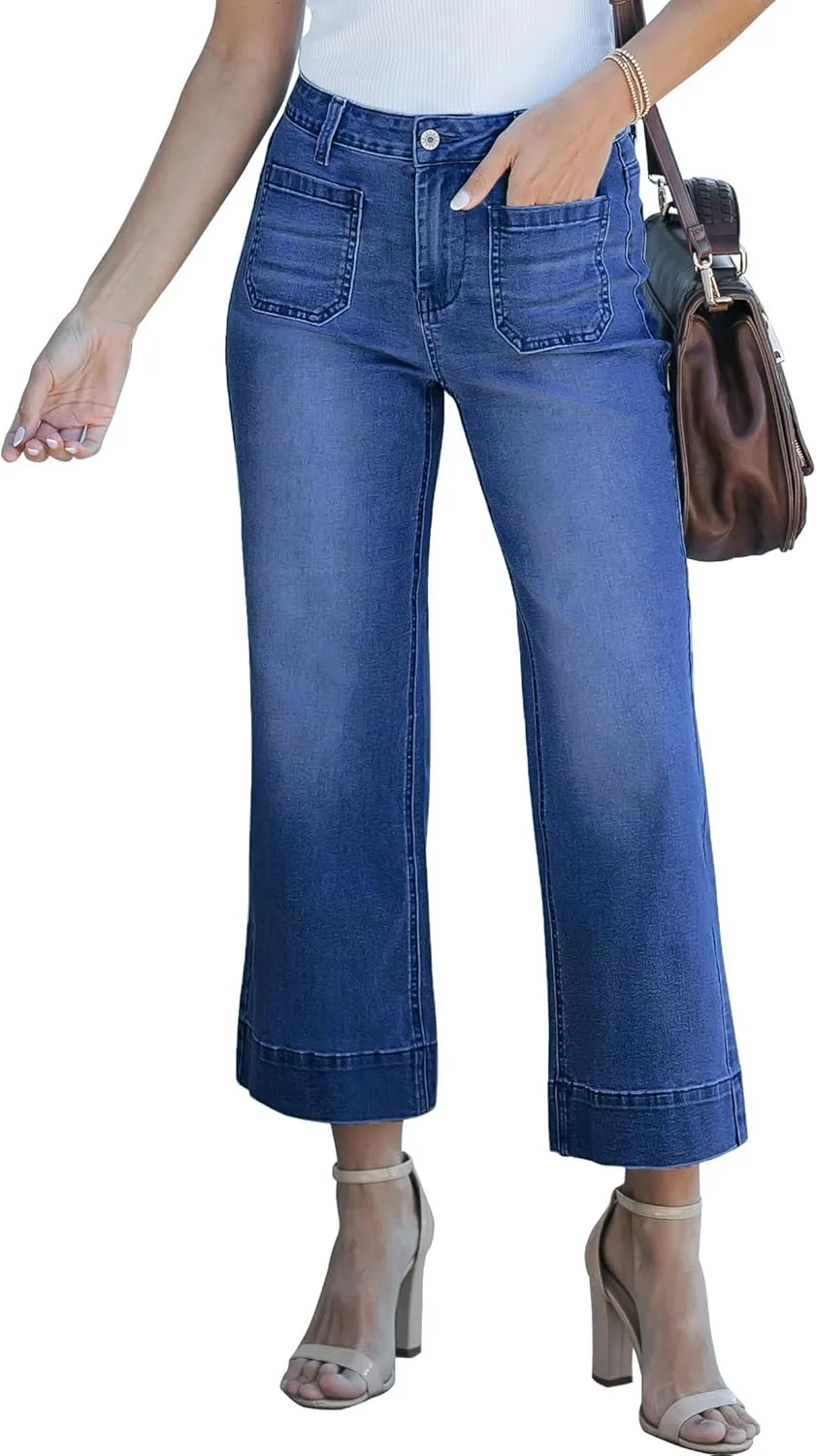 cordat Wide Leg Jeans for Women Mid Waisted Straight Leg Stretchy Cropped Denim Pants with Patch Pockets Jeans