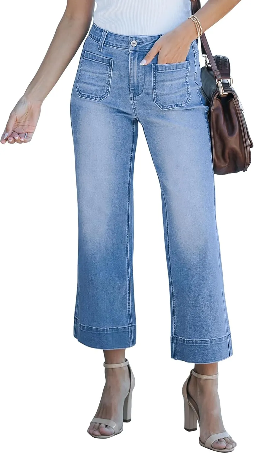 cordat Wide Leg Jeans for Women Mid Waisted Straight Leg Stretchy Cropped Denim Pants with Patch Pockets Jeans