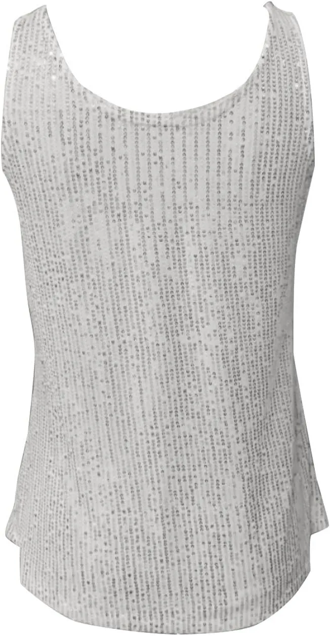 COTECRAM Womens Sequin Tops Summer Fashion Scoop Neck Sparkle Shimmer Short Sleeve/Sleeveless Tanks Tops for Party Night