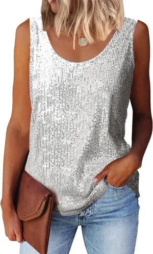 COTECRAM Womens Sequin Tops Summer Fashion Scoop Neck Sparkle Shimmer Short Sleeve/Sleeveless Tanks Tops for Party Night