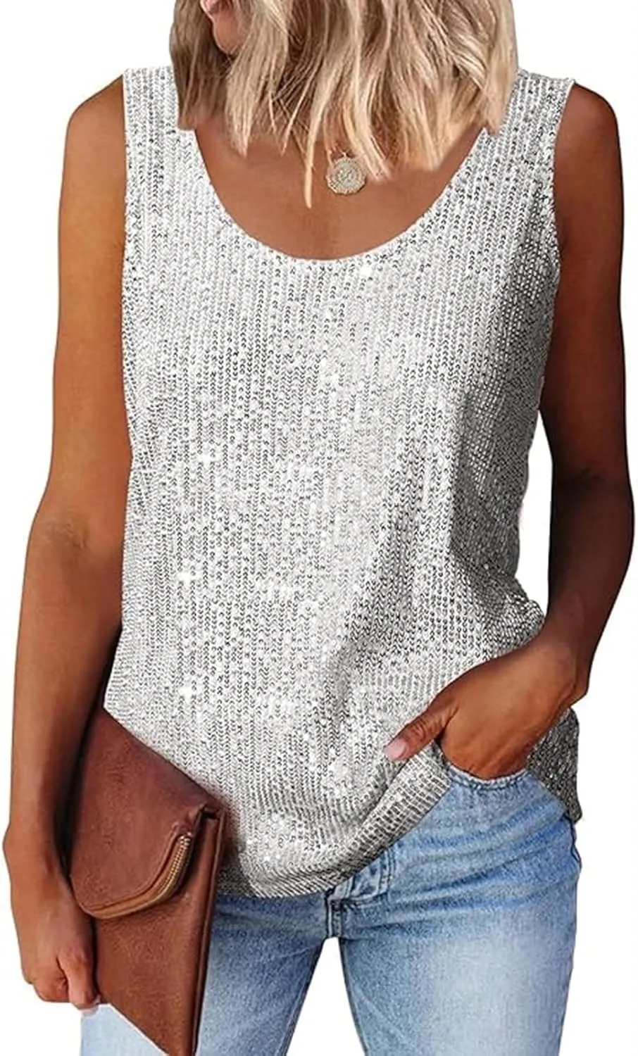 COTECRAM Womens Sequin Tops Summer Fashion Scoop Neck Sparkle Shimmer Short Sleeve/Sleeveless Tanks Tops for Party Night