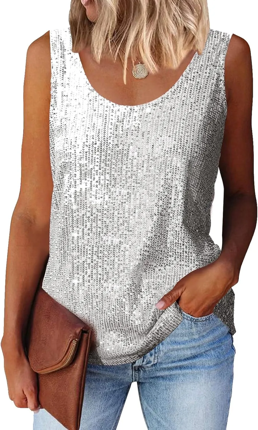 COTECRAM Womens Sequin Tops Summer Fashion Scoop Neck Sparkle Shimmer Short Sleeve/Sleeveless Tanks Tops for Party Night