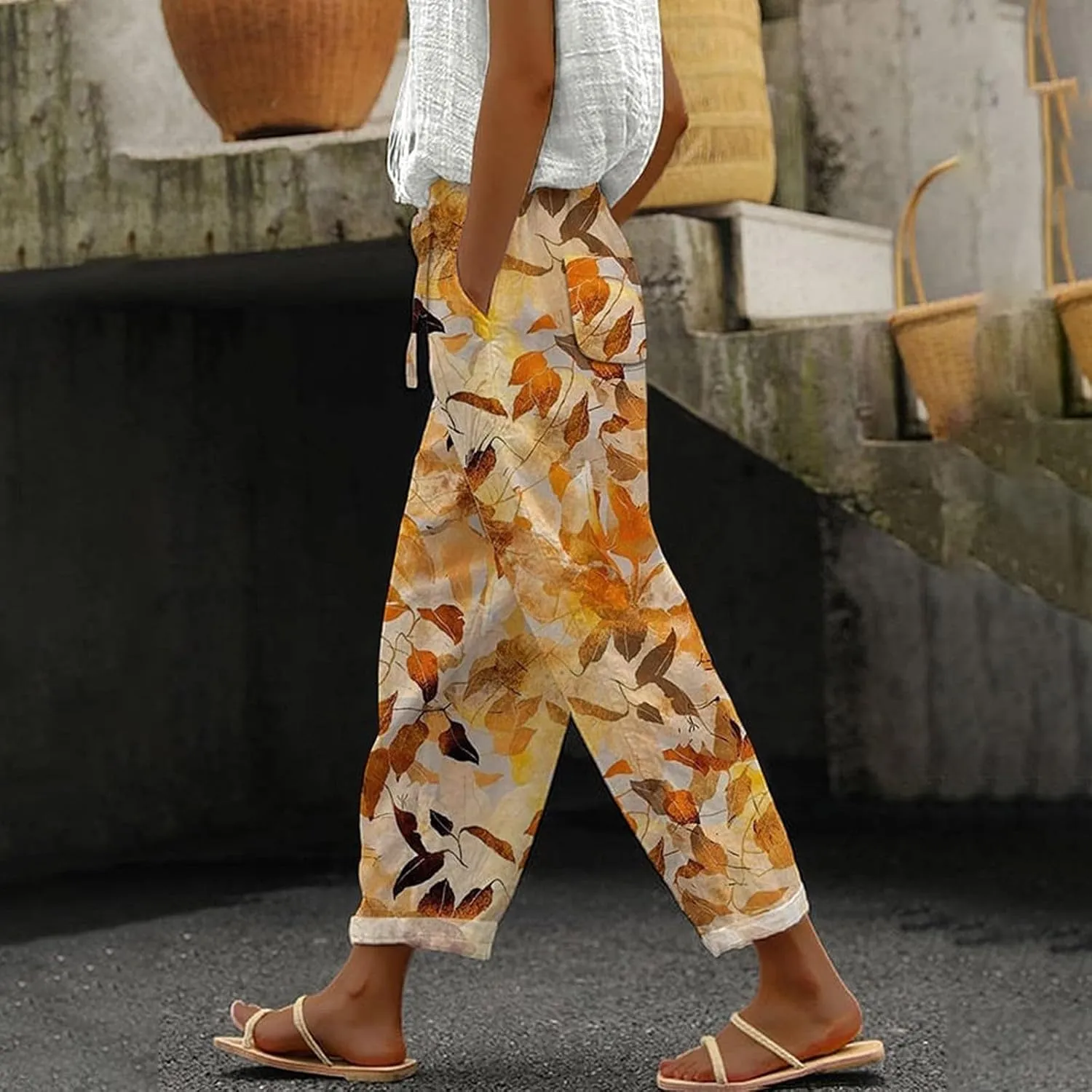 Cotton Linen Capri Pants for Women Cotton Elastic Waisted Drawstring High Waist Pants Wide Leg Cropped Trousers