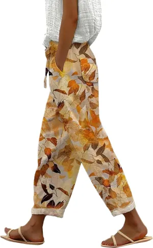Cotton Linen Capri Pants for Women Cotton Elastic Waisted Drawstring High Waist Pants Wide Leg Cropped Trousers