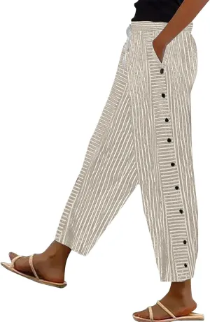 Cotton Linen Pants Women 2025 Summer High Waist Straight Leg Striped Cropped Pants Comfy Plus Size Lounge Trousers