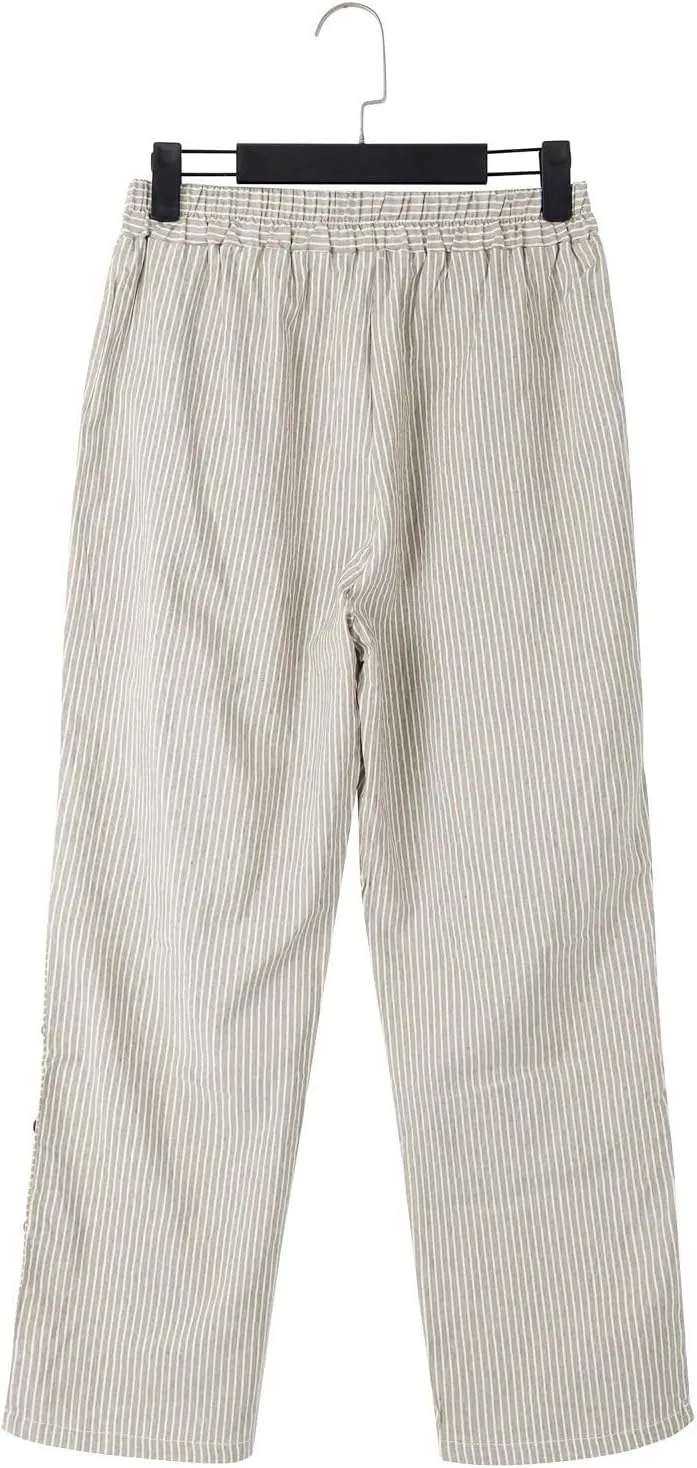 Cotton Linen Pants Women 2025 Summer High Waist Straight Leg Striped Cropped Pants Comfy Plus Size Lounge Trousers