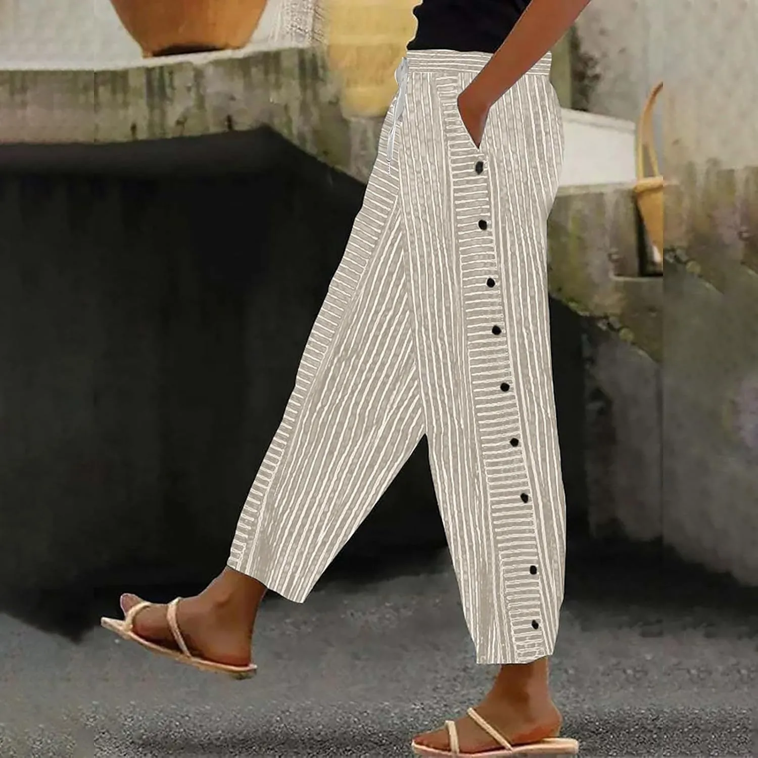 Cotton Linen Pants Women 2025 Summer High Waist Straight Leg Striped Cropped Pants Comfy Plus Size Lounge Trousers