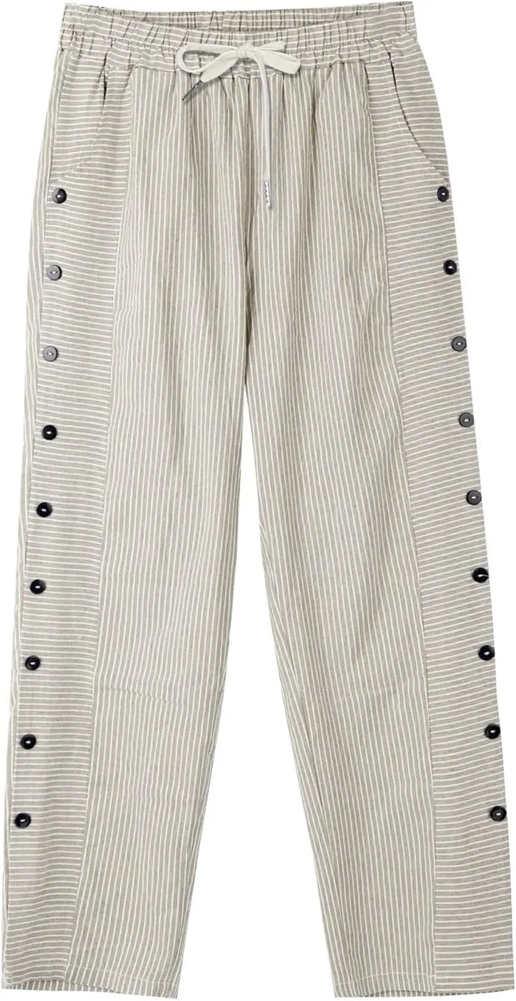 Cotton Linen Pants Women 2025 Summer High Waist Straight Leg Striped Cropped Pants Comfy Plus Size Lounge Trousers