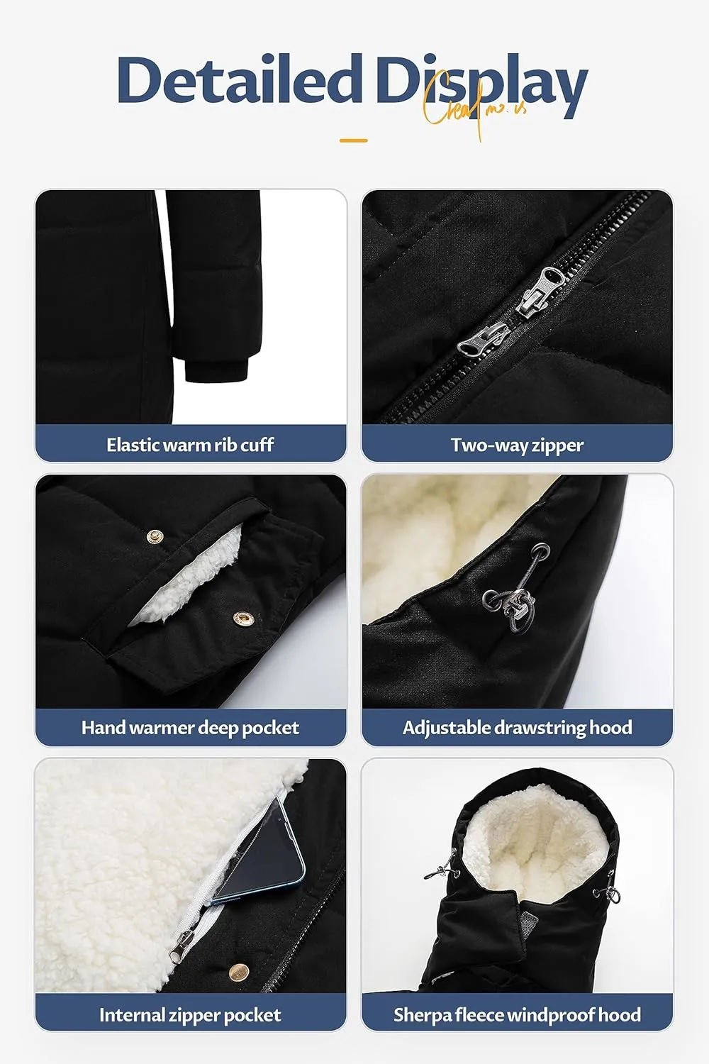 CREATMO US Women's Thicken Sherpa Winter Coat Puffy Warm Snow Jacket With Removable Hood