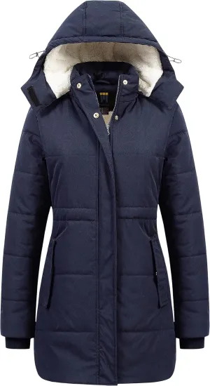 CREATMO US Women's Thicken Sherpa Winter Coat Puffy Warm Snow Jacket With Removable Hood