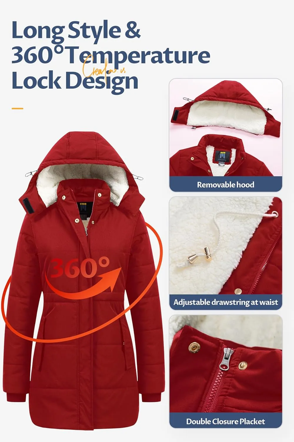 CREATMO US Women's Thicken Sherpa Winter Coat Puffy Warm Snow Jacket With Removable Hood
