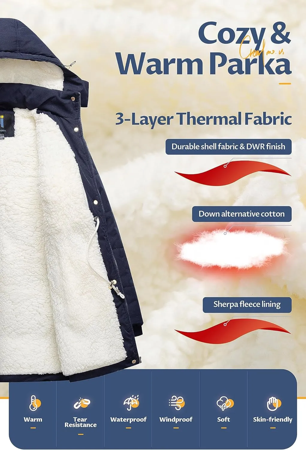 CREATMO US Women's Thicken Sherpa Winter Coat Puffy Warm Snow Jacket With Removable Hood