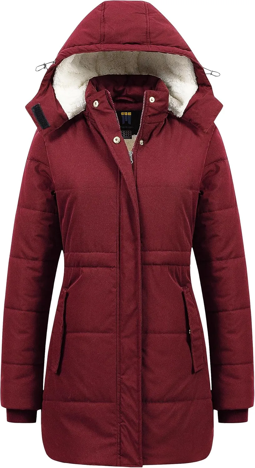 CREATMO US Women's Thicken Sherpa Winter Coat Puffy Warm Snow Jacket With Removable Hood
