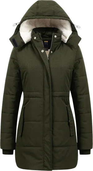 CREATMO US Women's Thicken Sherpa Winter Coat Puffy Warm Snow Jacket With Removable Hood