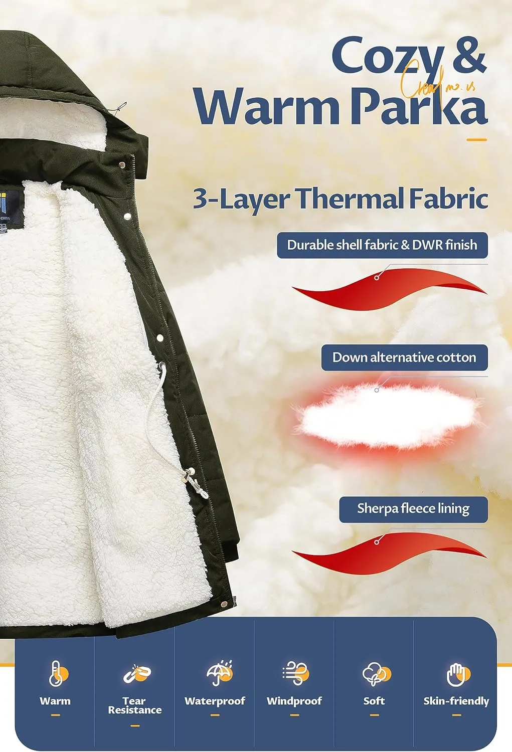 CREATMO US Women's Thicken Sherpa Winter Coat Puffy Warm Snow Jacket With Removable Hood